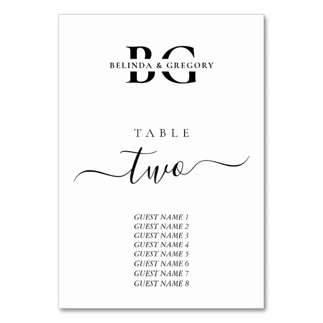 Elegant White and Black Monogram Initials Wedding Table Number (Front)
