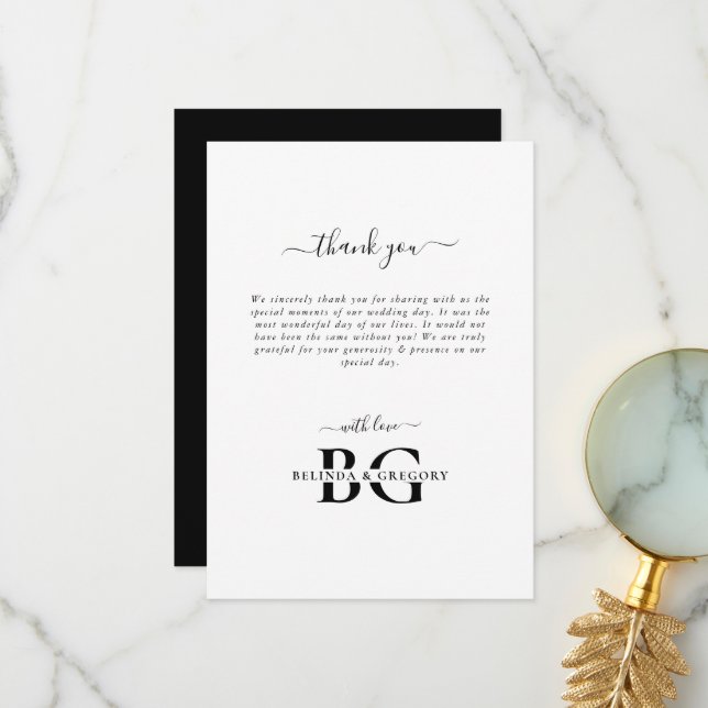 Elegant White and Black Monogram Initials Wedding Thank You Card (Front/Back In Situ)