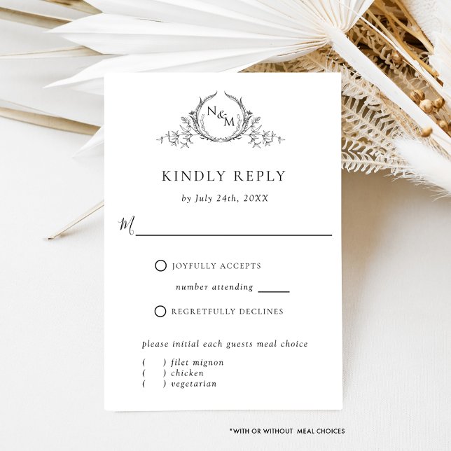 Elegant White and Black Monogram w/without meals RSVP Card (Creator Uploaded)