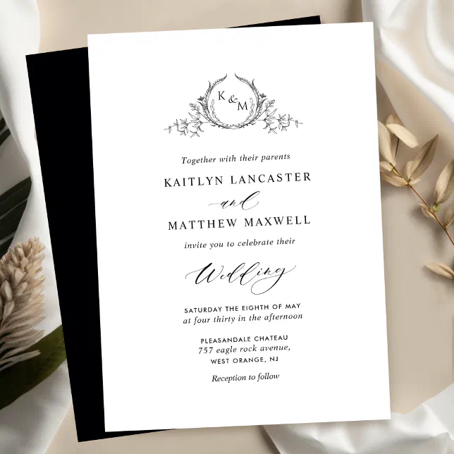 Elegant White and Black Monogram Wedding Invitation | Zazzle