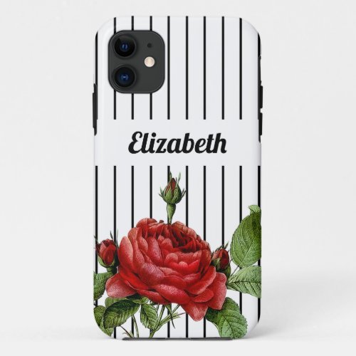 Elegant White and Black Pinstripe Roses and Name iPhone 11 Case