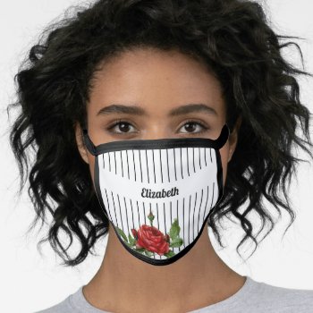 Elegant White And Black Pinstripe Roses And Name Face Mask by ohsogirly at Zazzle