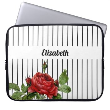Elegant White And Black Pinstripe Roses And Name Laptop Sleeve by ohsogirly at Zazzle