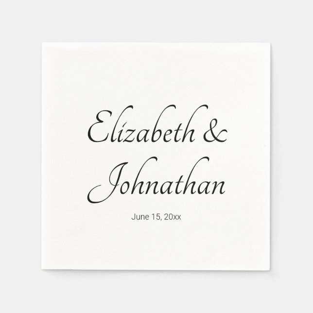 Elegant White and Black Script Names Bride Groom Napkins (Front)