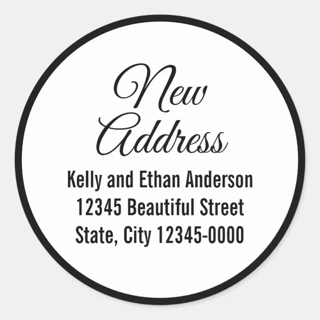 Elegant White and Black Script New Address Moving Classic Round Sticker