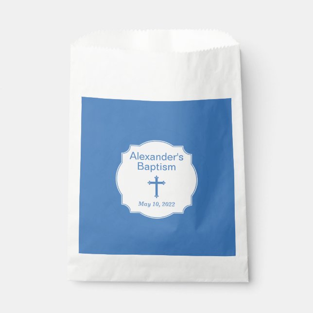 Elegant White and Blue Cross Baptism Christening Favor Bag (Front)