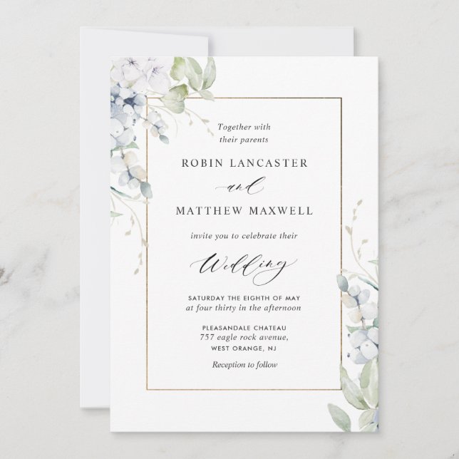 Elegant White and Blue Floral All in One Wedding Invitation (Front)