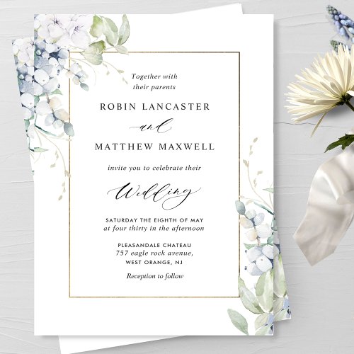 Elegant White and Blue Floral and Greenery Wedding Invitation