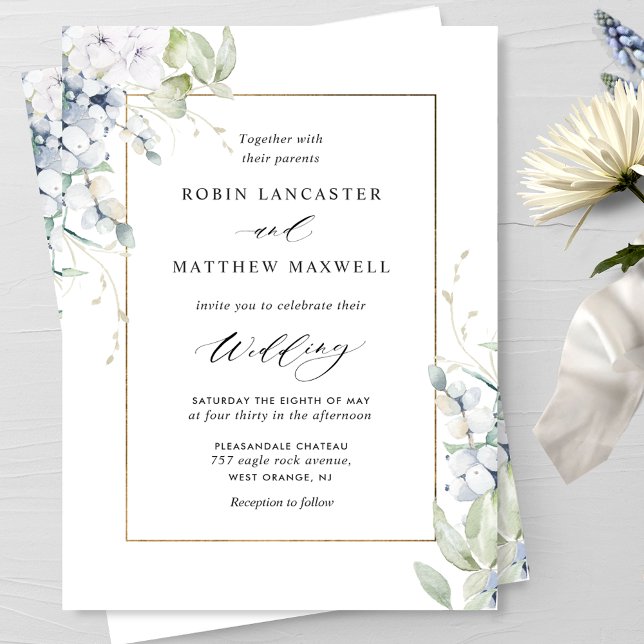 Elegant White and Blue Floral and Greenery Wedding Invitation (Creator Uploaded)