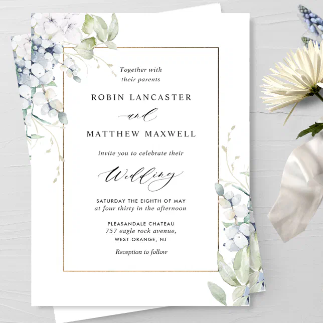 Elegant White and Blue Floral and Greenery Wedding Invitation | Zazzle