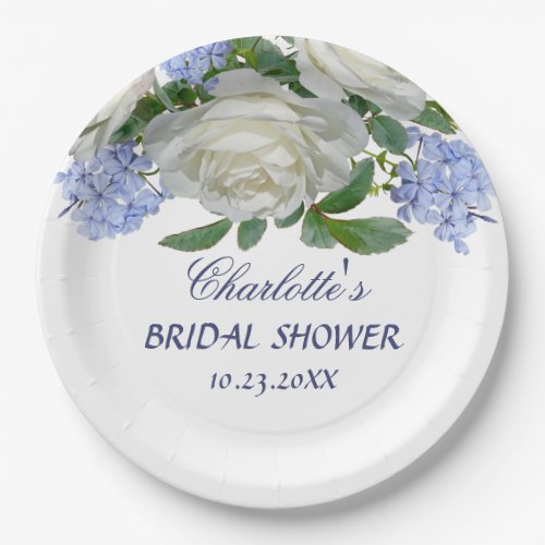 Elegant White And Blue Floral Bridal Shower Paper Plates