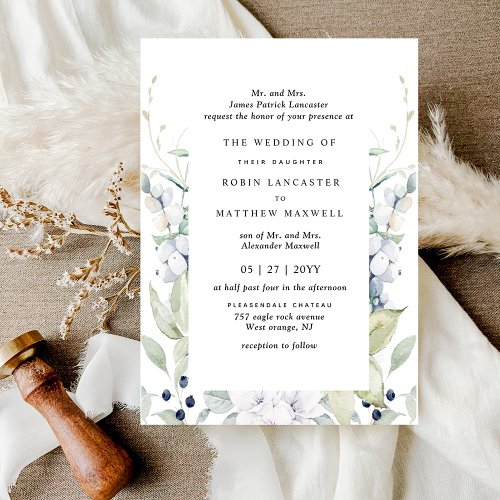 Elegant White and Blue Floral Formal Wedding Invitation