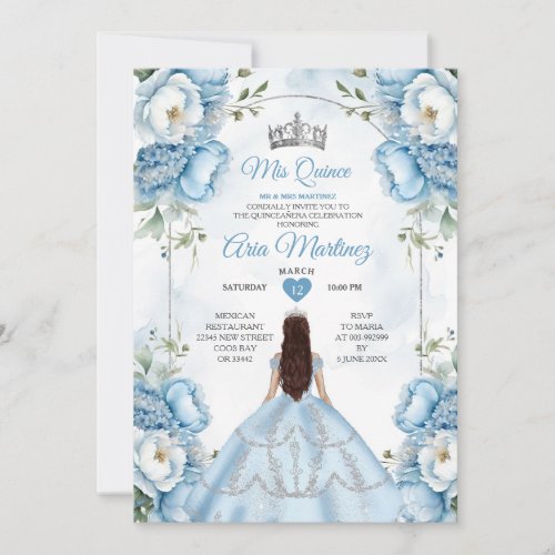 Elegant White And Blue Floral Princess Quiceanera Invitation