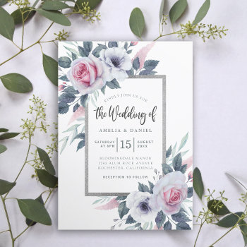 Elegant White And Blue Floral Watercolor Wedding  Invitation by UnwrappedVisuals at Zazzle