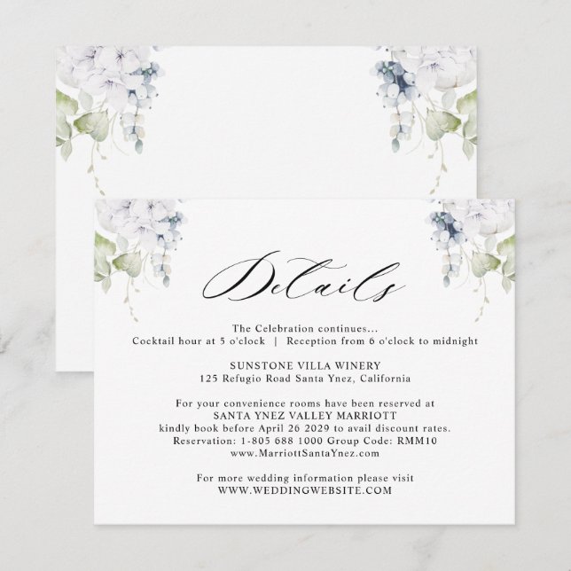 Elegant White and Blue Floral Wedding Details Enclosure Card (Front/Back)