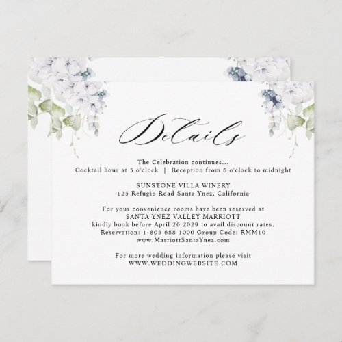 Elegant White and Blue Floral Wedding Details Enclosure Card