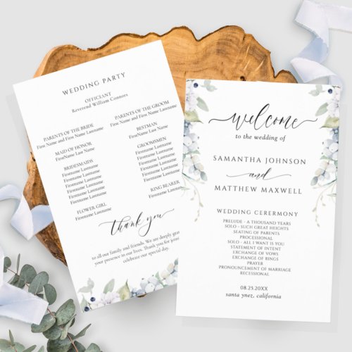 Elegant White and Blue Floral Wedding Program