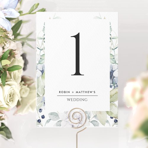 Elegant White and Blue Floral Wedding Table Number