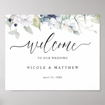 Elegant White and Blue Floral Wedding Welcome Sign | Zazzle