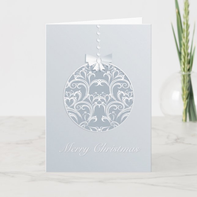 Elegant White And Blue-Gray Christmas Ornament Holiday Card (Front)