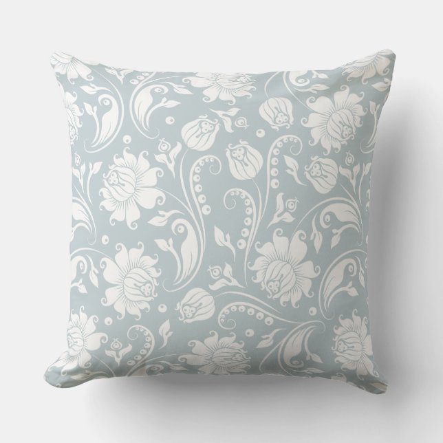Elegant White And Blue-Gray Floral Damask Throw Pillow (Front)