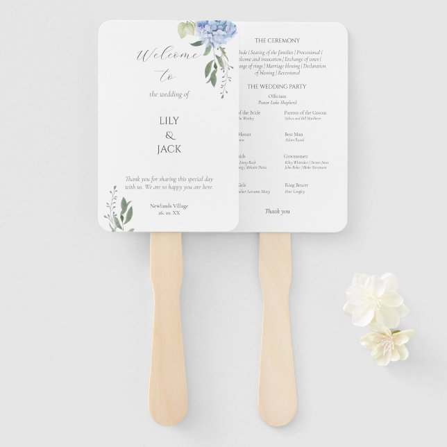 Elegant White and Blue Hydrangea Set of Fans (Front and Back)