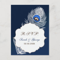 Elegant white and blue peacock rsvp invitation postcard
