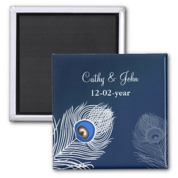 Elegant white and blue peacock save the date magnet