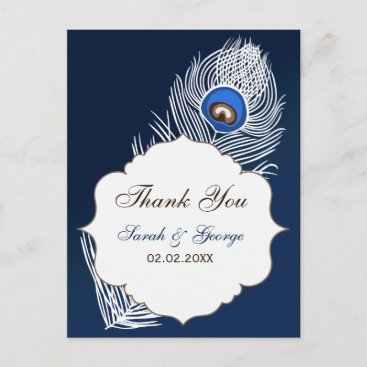 Elegant white and blue peacock Thank You Postcard