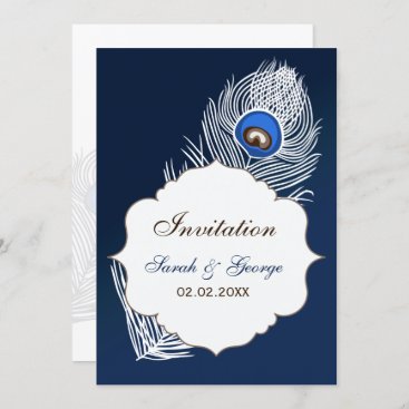 Elegant white and blue peacock wedding invitation