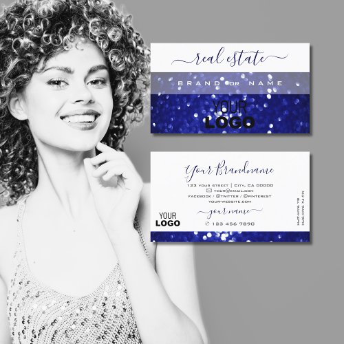 Elegant White and Blue Sparkling Glitter with Logo Business Card