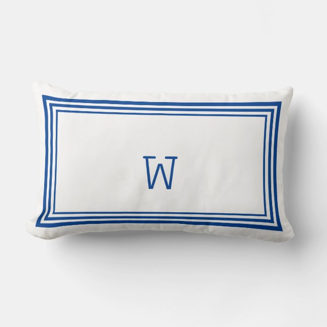 Elegant White and Blue Stripe Border Monogram Lumbar Pillow (Front)