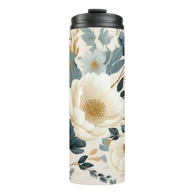 Elegant White and Blue Watercolor Floral Thermal Tumbler (Front)