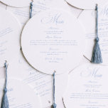 Elegant White and Blue Wedding Menu Circle Card<br><div class="desc">The Personalized Elegant White and Blue Wedding Menu Circle Card adds a refined and timeless touch to your reception tables, featuring a clean round shape with soft white and blue details that suit classic and modern celebrations alike. Perfect for couples looking for wedding menu, wedding menu ideas, wedding menu cards,...</div>