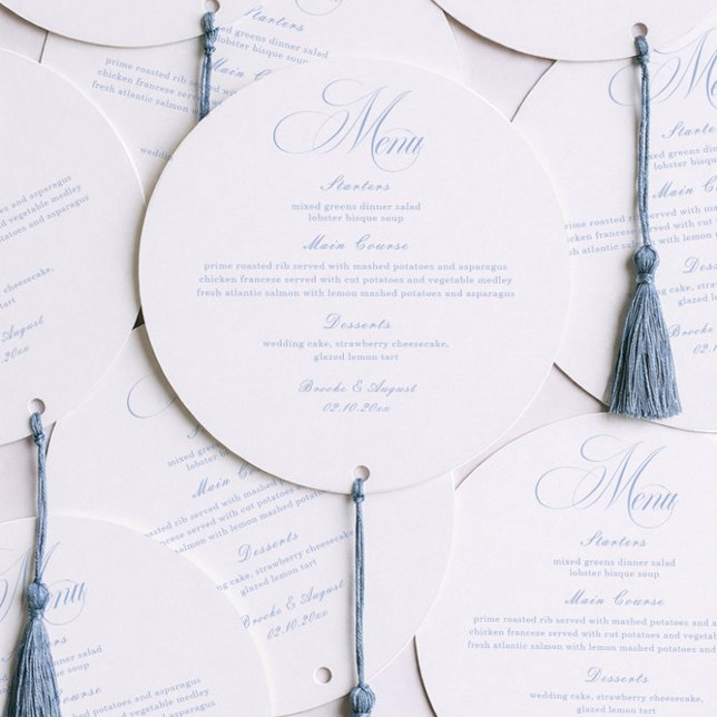 Elegant White and Blue Wedding Menu Circle Card (Creator Uploaded)