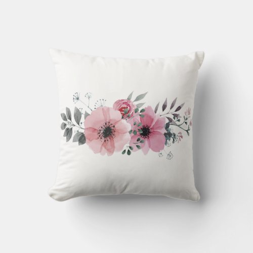 Elegant White and Blush Pink Watercolor  Floral Throw Pillow