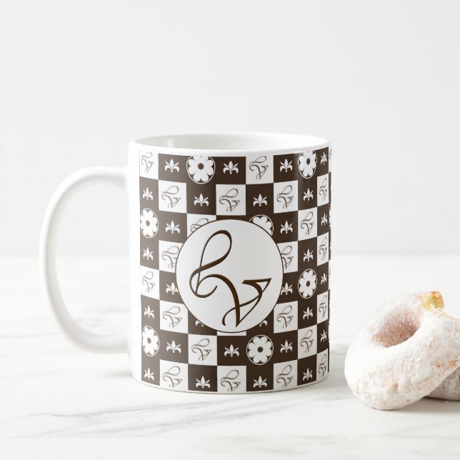 Elegant White and Brown Checkered Pattern Coffee Mug (With Donut)