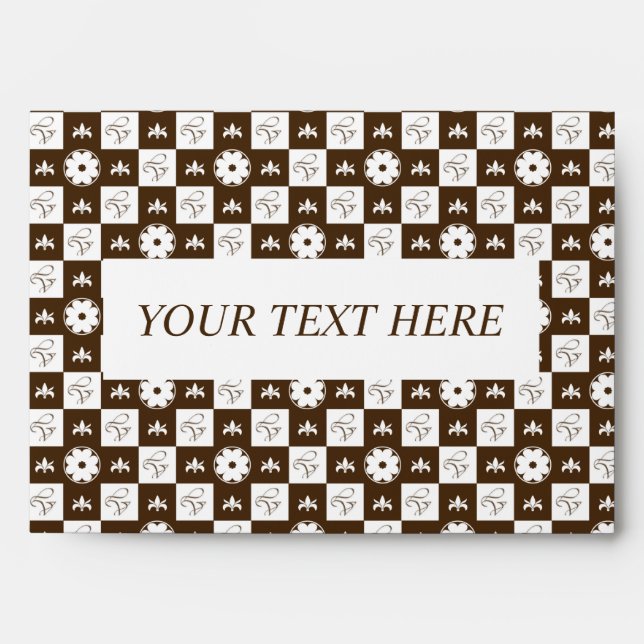 Elegant White and Brown Checkered Pattern Envelope (Front)