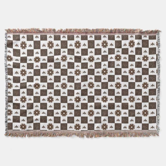 Elegant White and Brown Checkered Pattern Throw Blanket (Front)