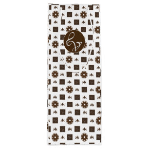 Elegant White and Brown Checkered Pattern Wine Gift Bag