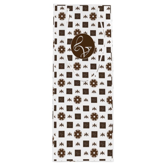 Elegant White and Brown Checkered Pattern Wine Gift Bag (Front)