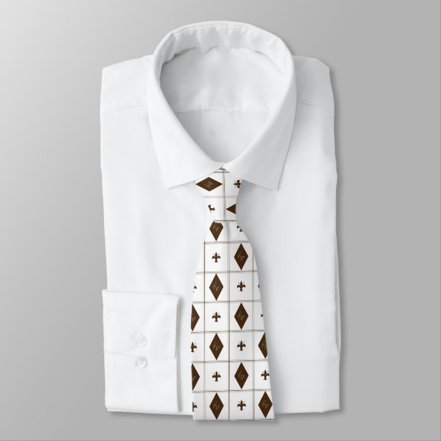 Elegant White and Brown Diamond Pattern Neck Tie (Tied)