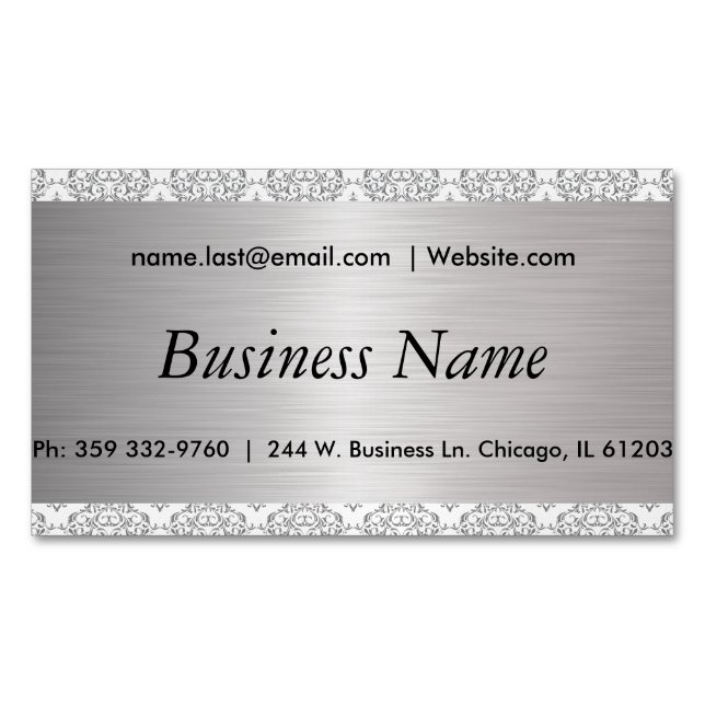 Elegant White and Brush Silver Steel Damask Business Card Magnet (Front)