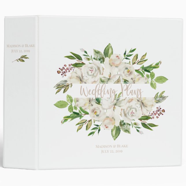 Elegant White and Champagne Floral Wedding Planner 3 Ring Binder (Front/Spine)