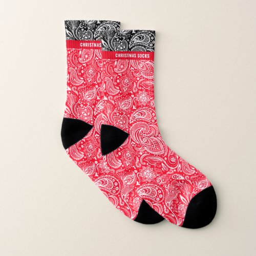 Elegant white and christmas_red vintage paisley socks