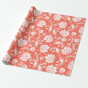 Elegant white and coral red floral damask pattern wrapping paper