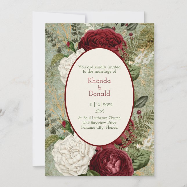Elegant White and Dark Red Rose Wedding  Invitation (Front)
