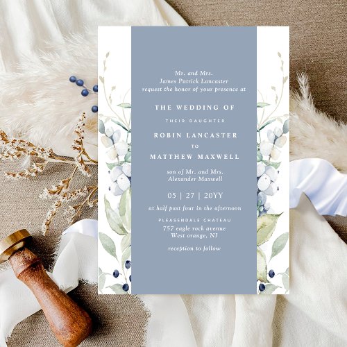 Elegant White and Dusty Blue Floral Wedding Invitation