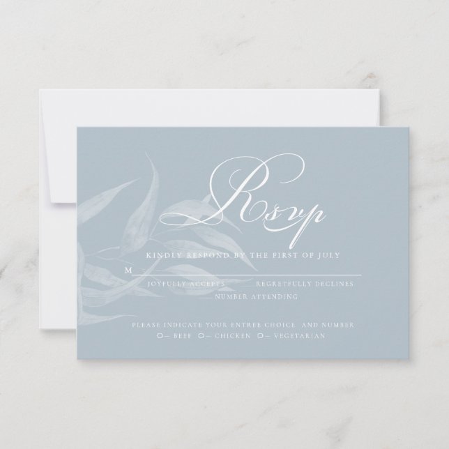 Elegant White and Dusty Blue Foliage RSVP Card (Front)