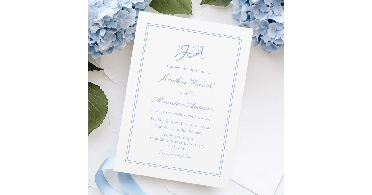 Elegant White and Dusty Blue Wedding Invitation | Zazzle
